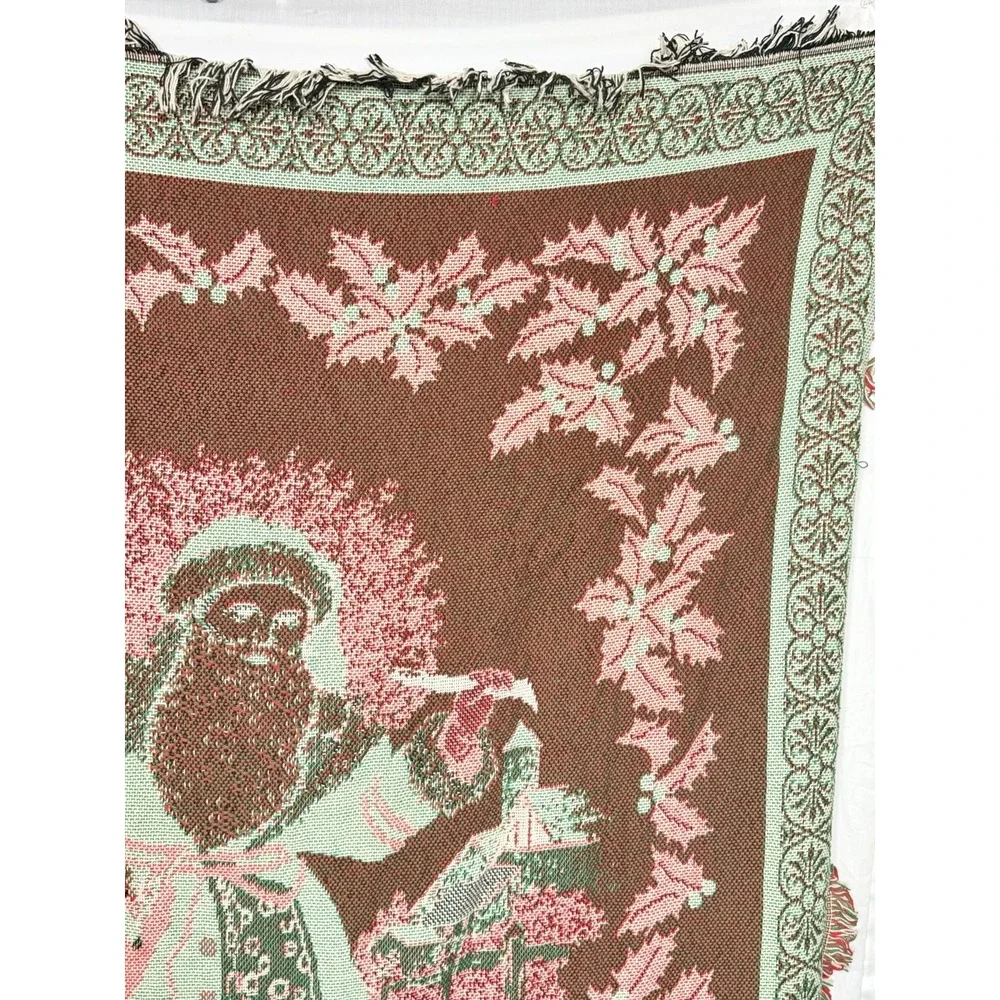 Vintage Avon Woven Christmas Santa Throw Blanket Tapestry Afghan Holly Fringe
